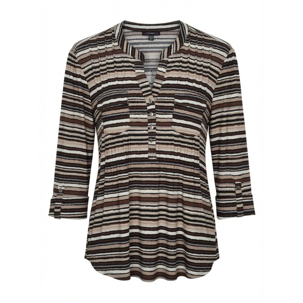 Cocomo Women's Size XL Brown Beige Multi Stripe Print Pintuck 3/4 Sleeve Top